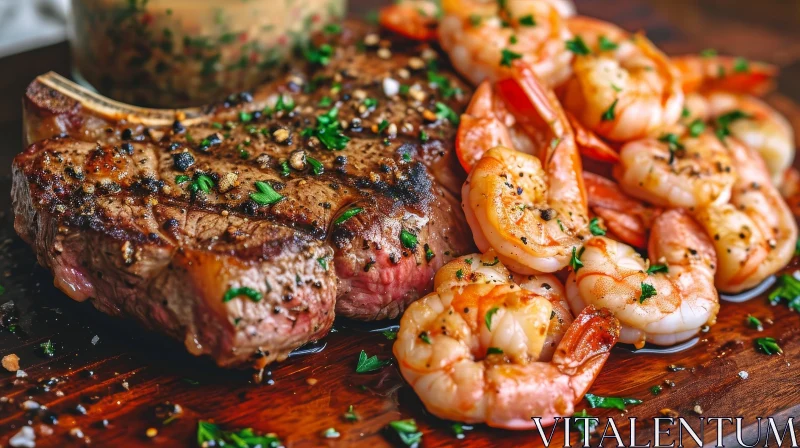 Delicious Steak with Grilled Shrimps on a Wooden Cutting Board AI Image