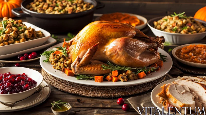 Delicious Thanksgiving Dinner Table with Roasted Turkey and Traditional Dishes AI Image