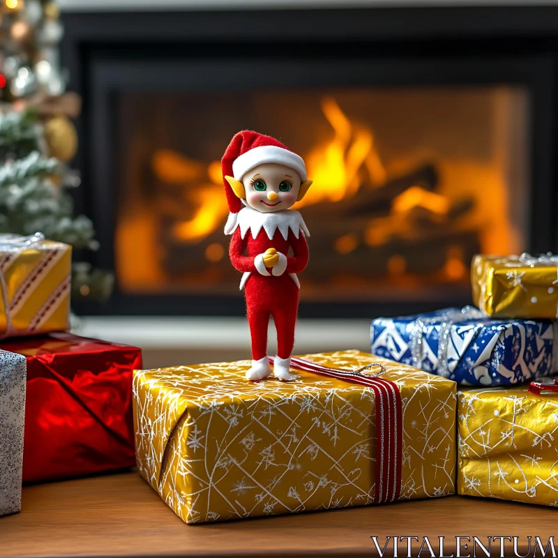 Holiday Elf by the Fireplace with Gifts AI Image