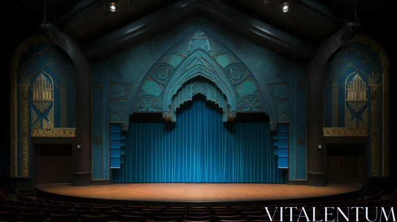 Gothic Revival Stage with Blue Curtains and Colorful Woodcarvings AI Image