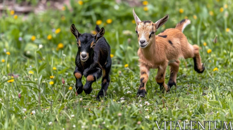 Majestic Goats Running in Green Field AI Image
