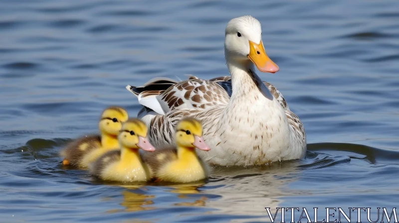 Mother Duck and Ducklings Swimming in Clear Lake AI Image