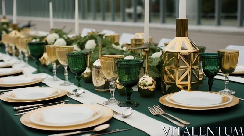 Opulent Gold and Green Table Setting - A Festive Atmosphere Unveiled AI Image