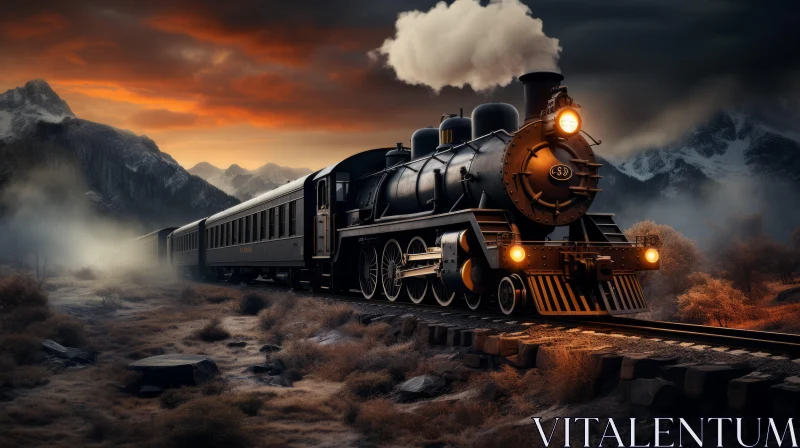 Train Traveling through Majestic Mountains at Sunset | Hyper-Realistic Art AI Image