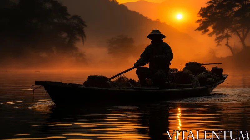 Tranquil Sunrise: Man Paddling Boat on River AI Image