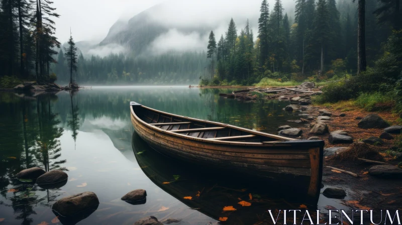 AI ART Tranquil Wooden Boat in Misty Mountain Lake - Nature-inspired Art