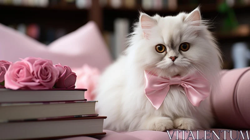 AI ART White Persian Cat on Pink Sofa with Books and Roses