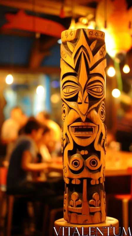 Wooden Tiki Pole in a Bar | Cultural Identity and Maori Art AI Image