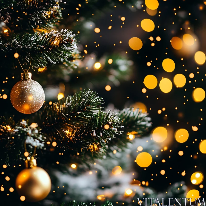 Festive Decor on Christmas Tree with Golden Ornaments and Lights AI Image