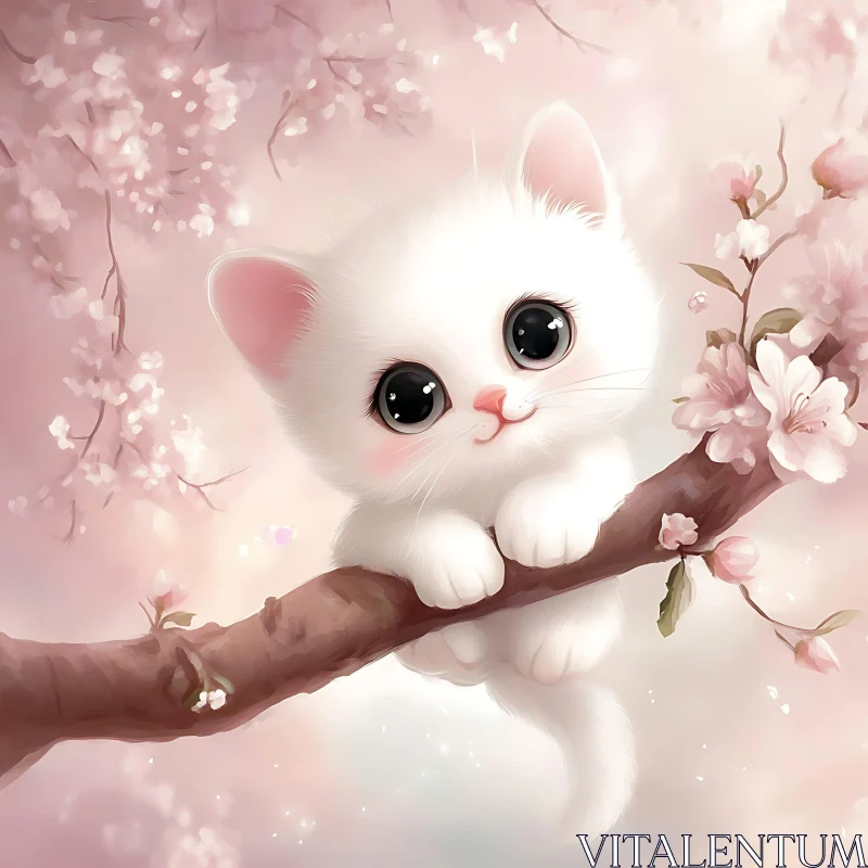 Cute Kitten on a Branch with Blossoms AI Image