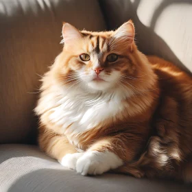 Fluffy Long-Haired Cat Relaxing on Sofa