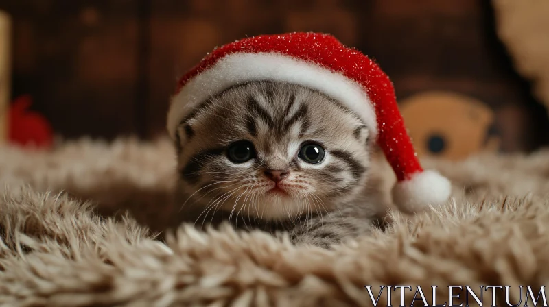 AI ART Cute Grey Kitten in Festive Santa Hat