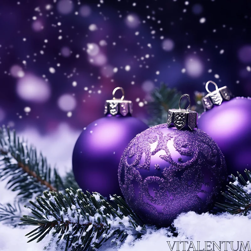 Purple Holiday Ornaments in Winter Wonderland AI Image