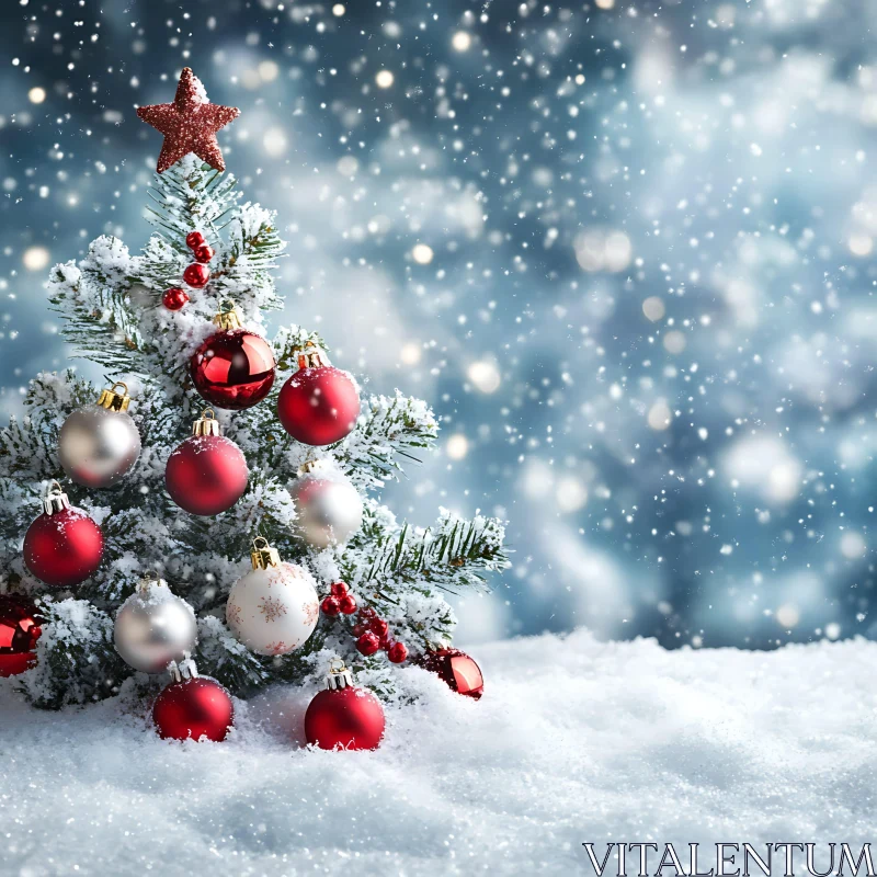 Festive Christmas Tree with Red and Silver Decorations AI Image