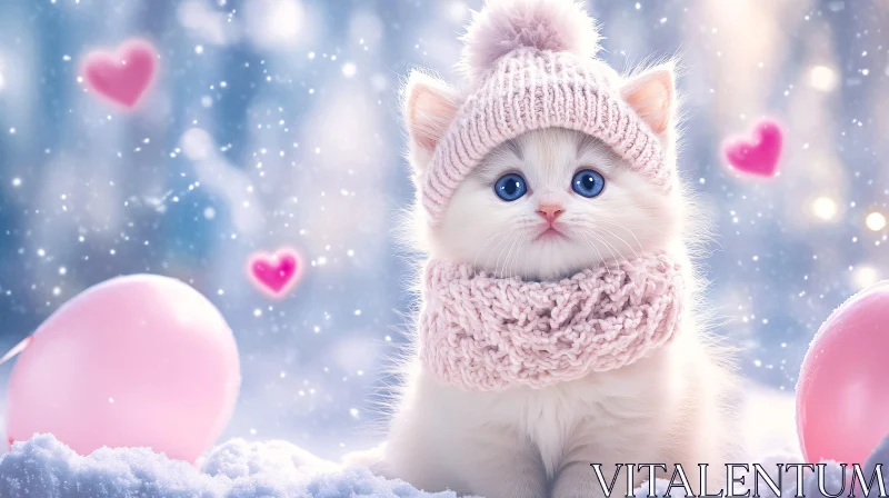 Cute Winter Kitten with Knitwear and Heart Balloons AI Image