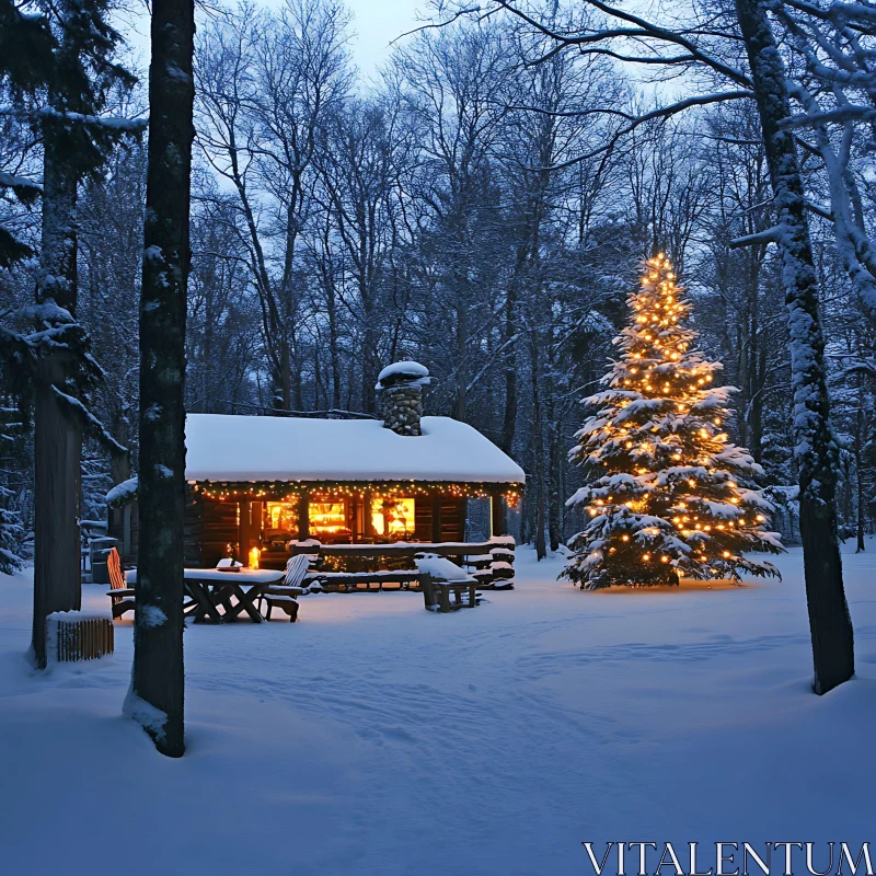 Winter Wonderland Cabin with Christmas Lights AI Image