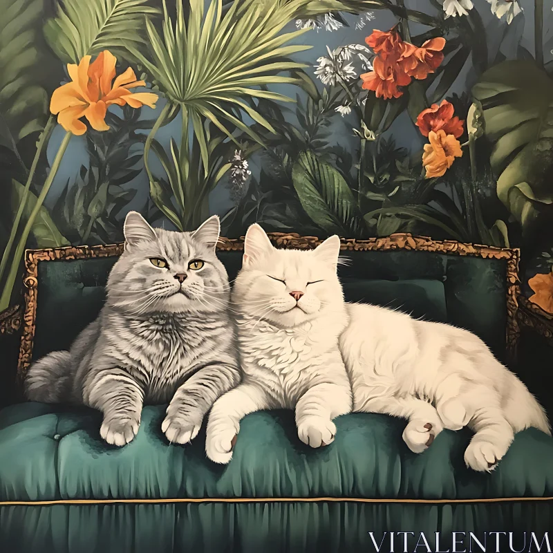 Relaxing Cats on a Plush Sofa with Botanical Decor AI Image