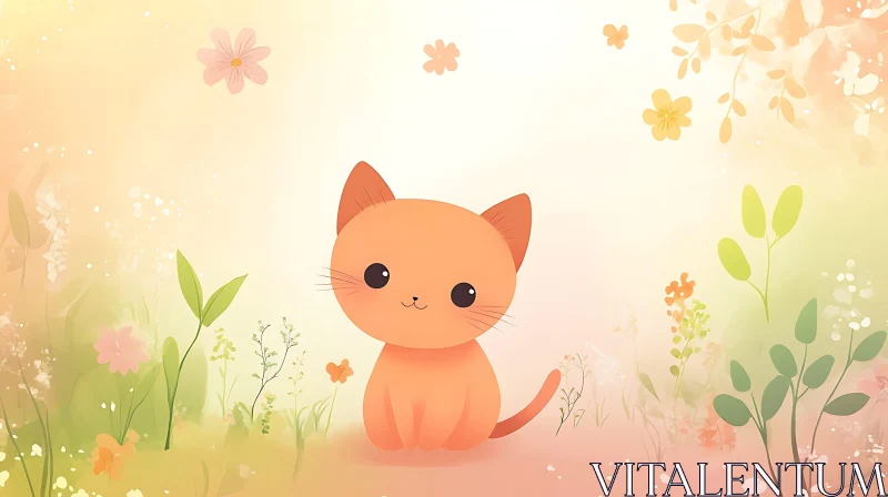 Whimsical Orange Kitten Amidst Pastel Flowers AI Image