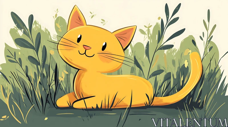 Cheerful Yellow Cartoon Cat in Nature AI Image