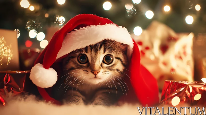 Cute Kitten with Santa Hat Among Christmas Decorations AI Image