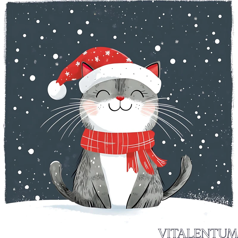 Christmas Cat in Snowy Scene AI Image