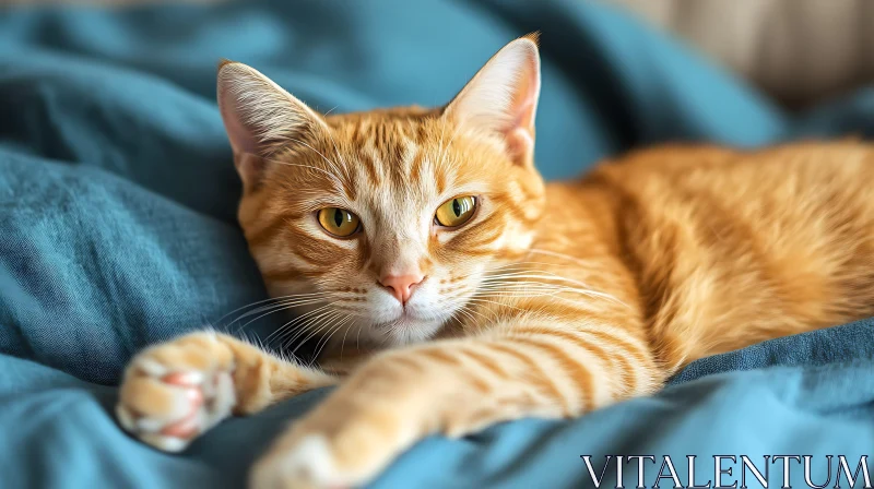 Charming Ginger Cat Lying on Blue Fabric AI Image