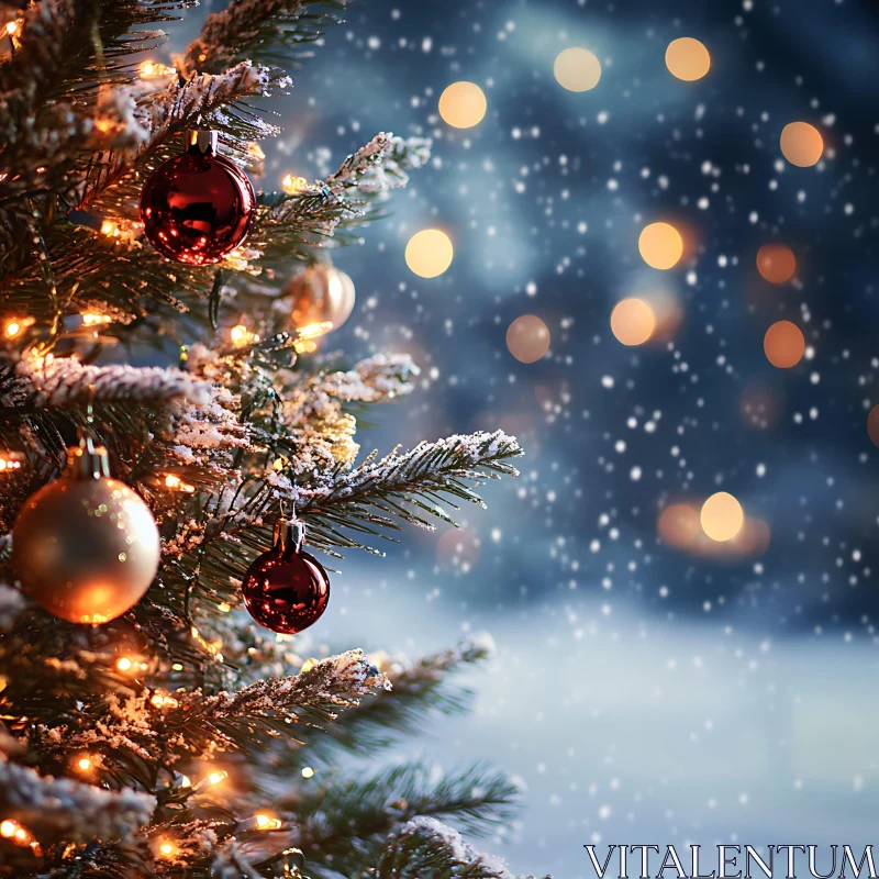 Christmas Tree with Ornaments and Snowflakes AI Image