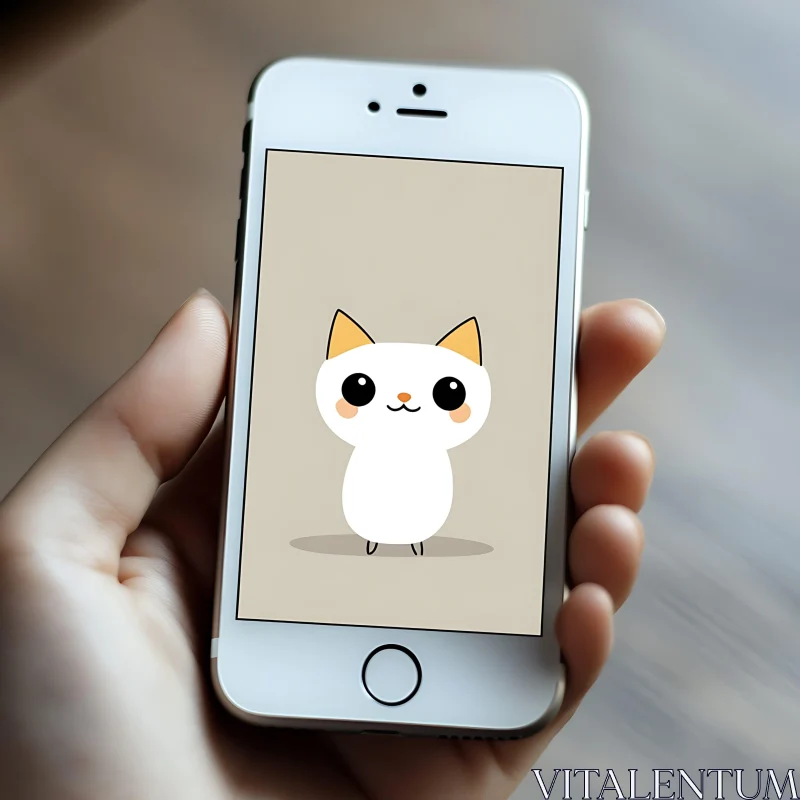 Cute Cat Illustration on Mobile Device AI Image