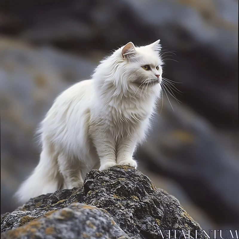 Graceful White Cat Standing on Rocks AI Image