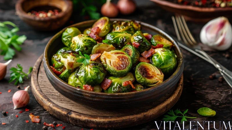 Delicious Roasted Brussels Sprouts with Crispy Bacon on a Wooden Table AI Image
