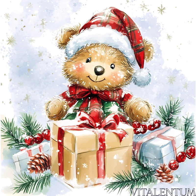 AI ART Festive Teddy Bear Amidst Christmas Presents