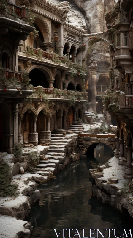 Enchanting Fantasy City with Stone Walls and Snow Scenes AI Image