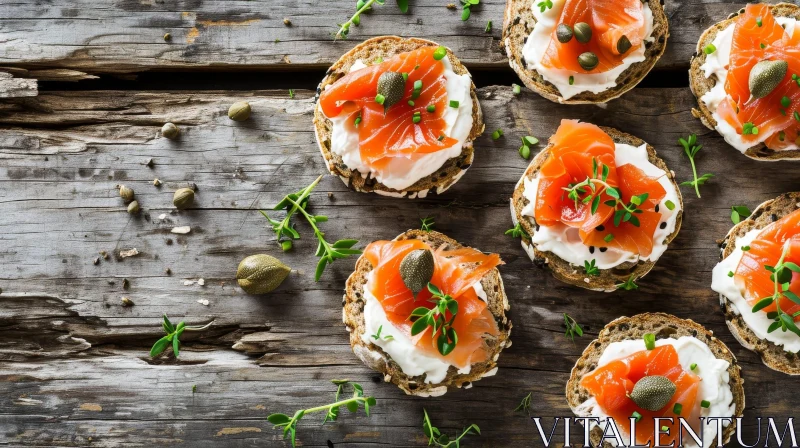 Exquisite Open-Faced Smoked Salmon Sandwiches on Wooden Background AI Image