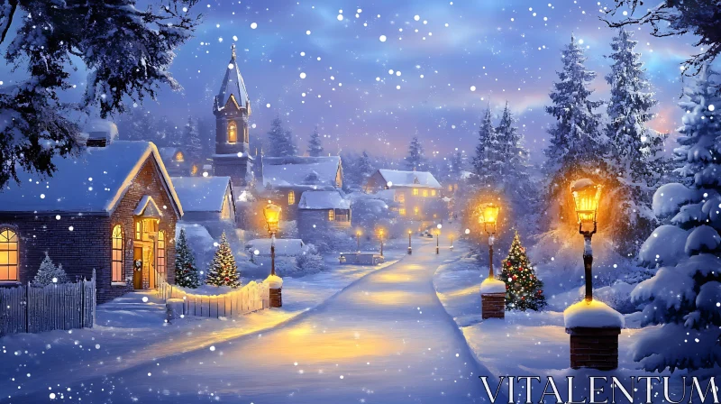 AI ART Peaceful Winter Village with Christmas Lights