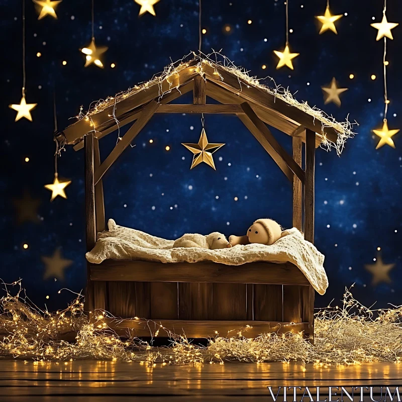 Serene Christmas Nativity with Starry Sky and Wooden Crib AI Image