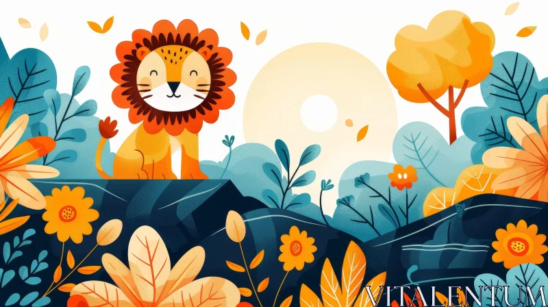 Friendly Lion Cartoon Illustration in Jungle Setting AI Image