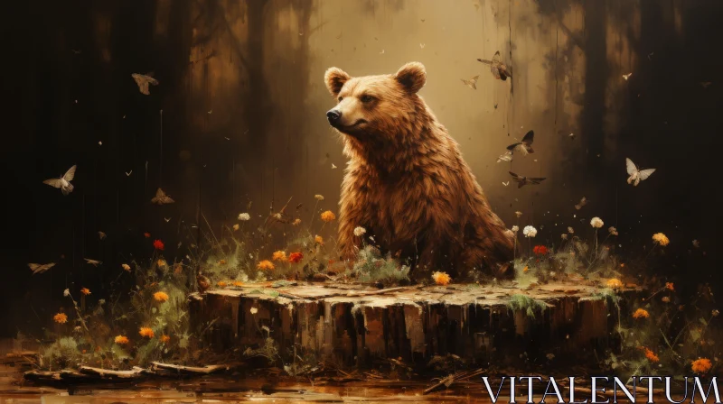 Nature's Ensemble: Bear amidst Forest and Butterflies AI Image