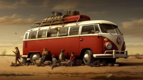 Red VW Bus with Children Sitting on Top