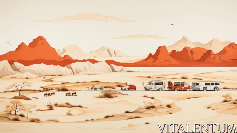 Serene Desert Landscape with Retro Camper Van - Detailed Illustration AI Image