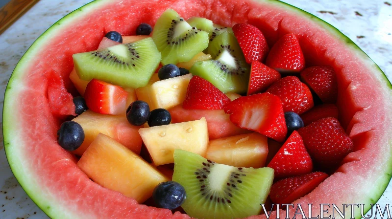 Vibrant and Fresh Fruit Bowl | Watermelon, Strawberries, Blueberries, Kiwi, Cantaloupe AI Image
