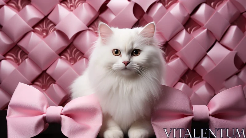 White Fluffy Cat on Pink Background AI Image