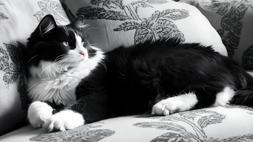 Cat Relaxing on Leaf Designed Couch