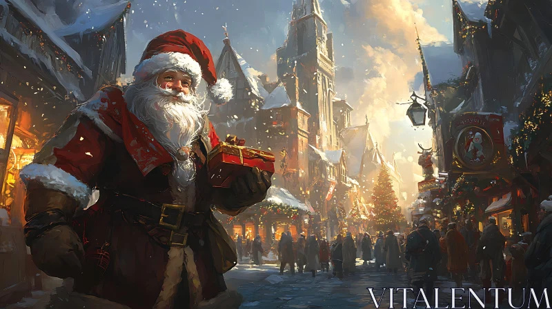 Santa Claus Holding Gift in Snowy Christmas Village AI Image