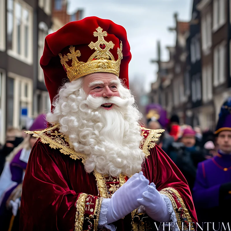 Festive Parade in Red and Gold Attire AI Image