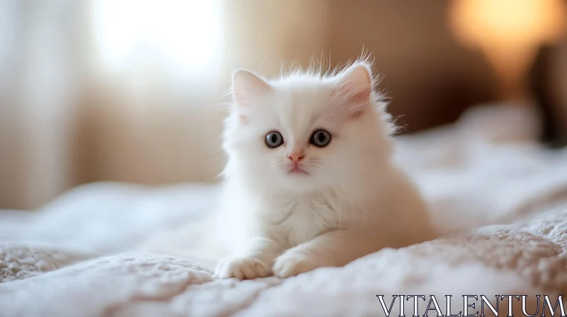 Fluffy Kitten with Big Eyes on a Cozy Bed AI Image