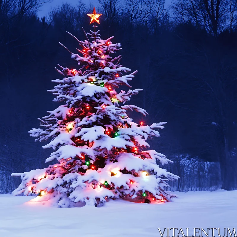 Festive Christmas Tree in Snowy Winter Night AI Image