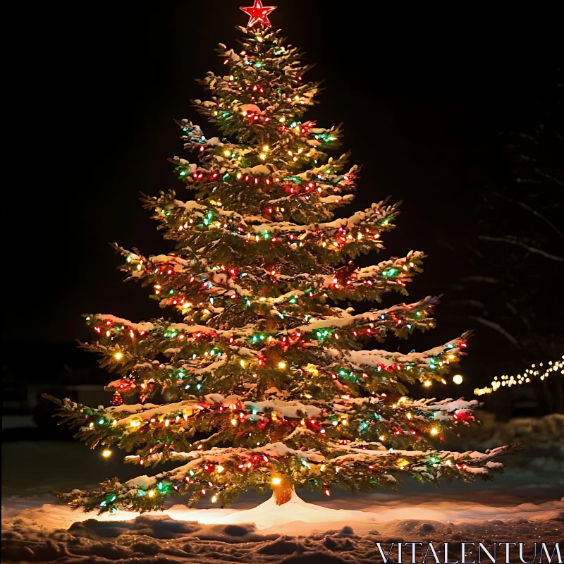 Festive Christmas Tree Illuminated at Night AI Image