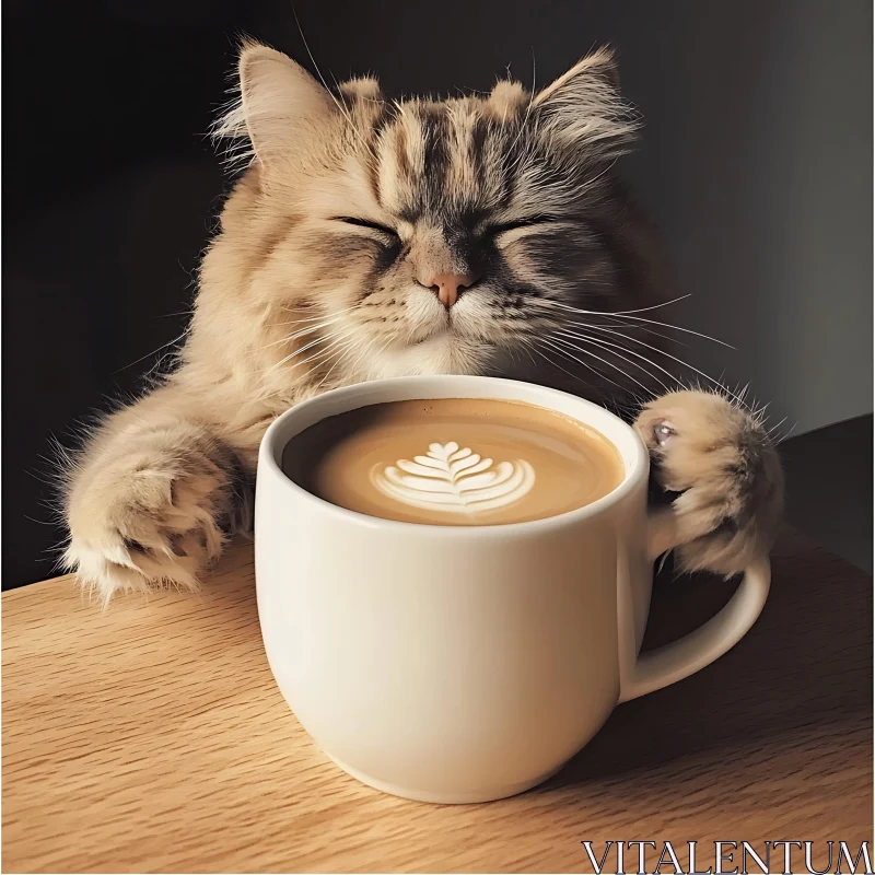 Adorable Fluffy Cat Enjoying Coffee with Latte Art AI Image