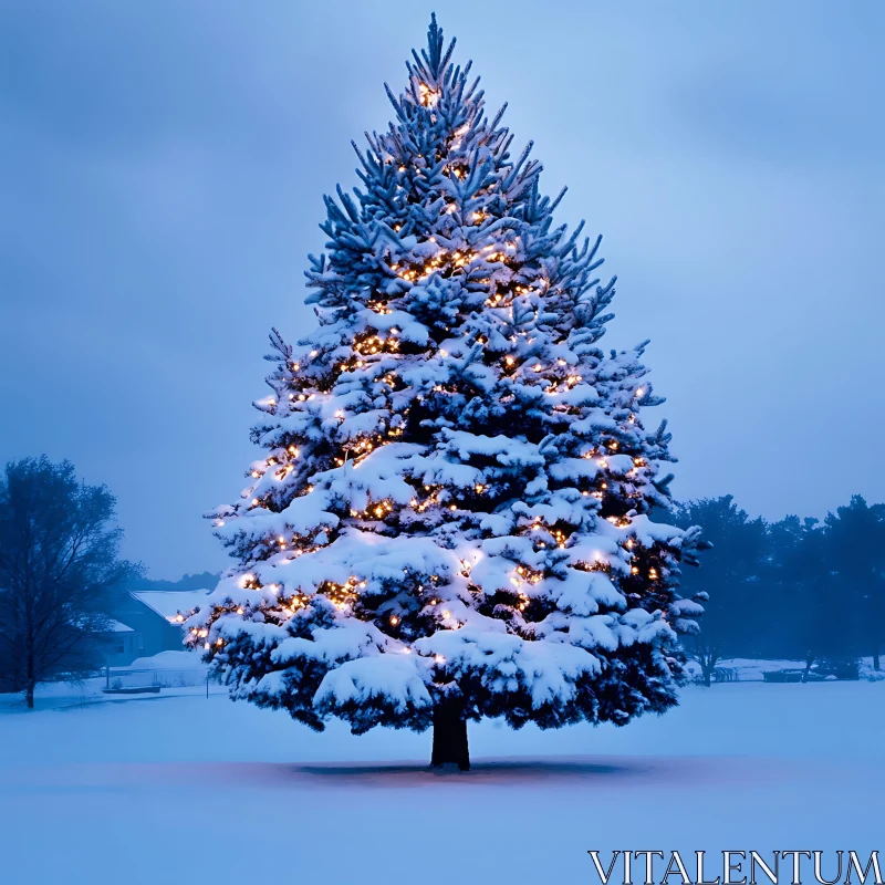 Serene Winter Scene with Decorated Christmas Tree AI Image