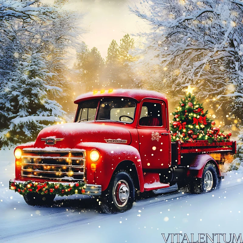 Festively Adorned Vintage Red Truck in Winter Wonderland AI Image